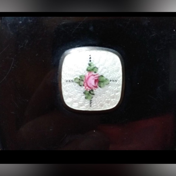 Vintage La Mode Black & Floral Guilloche Compact Mirror - Circa 1930s-40s - Picture 12 of 16